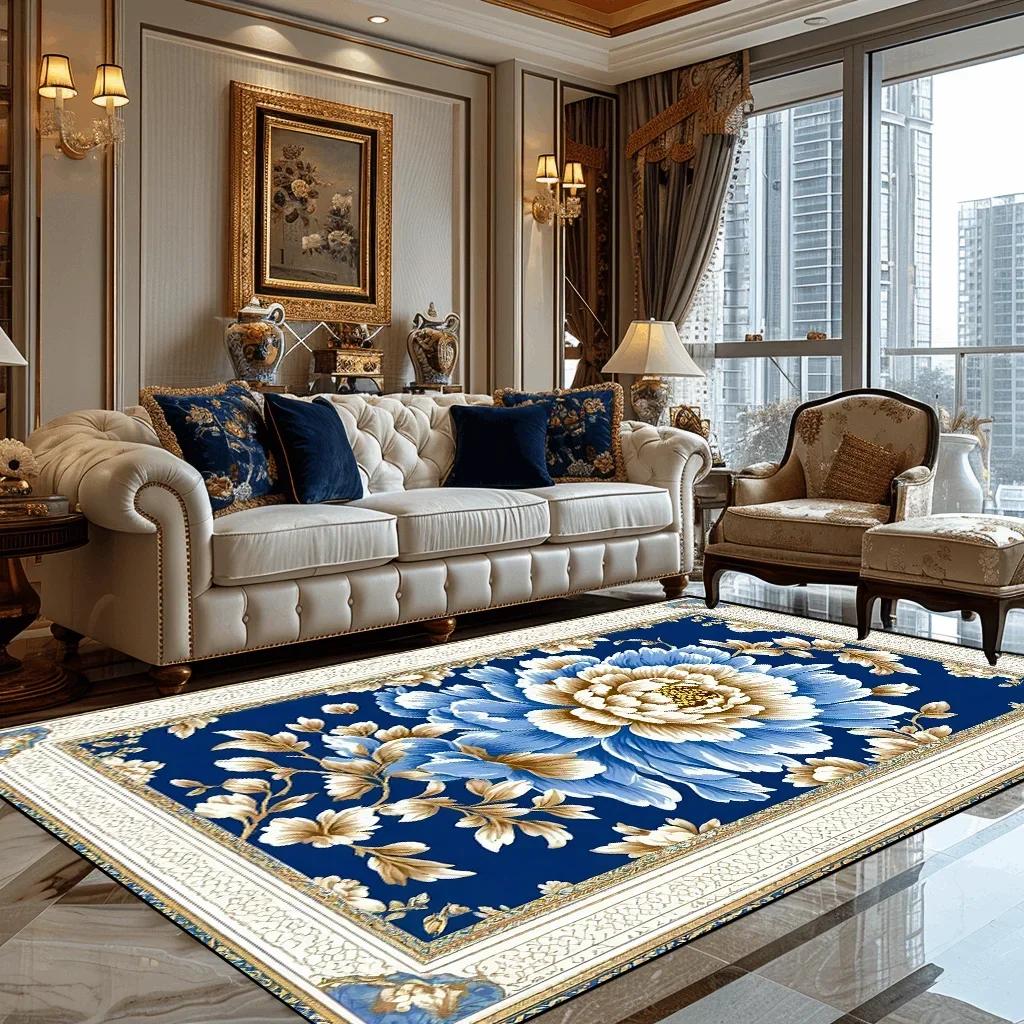 Deluxe European Style Carpet for Living Room Blue Home Decor Bedroom Tea Table Soft Rug Washable Short Plush Lounge Floor Mats