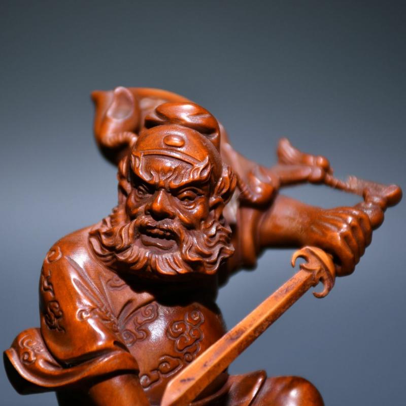Chinese Vintage Boxwood Carving Zhong Kui Subdues The Devil Figure Statue Art