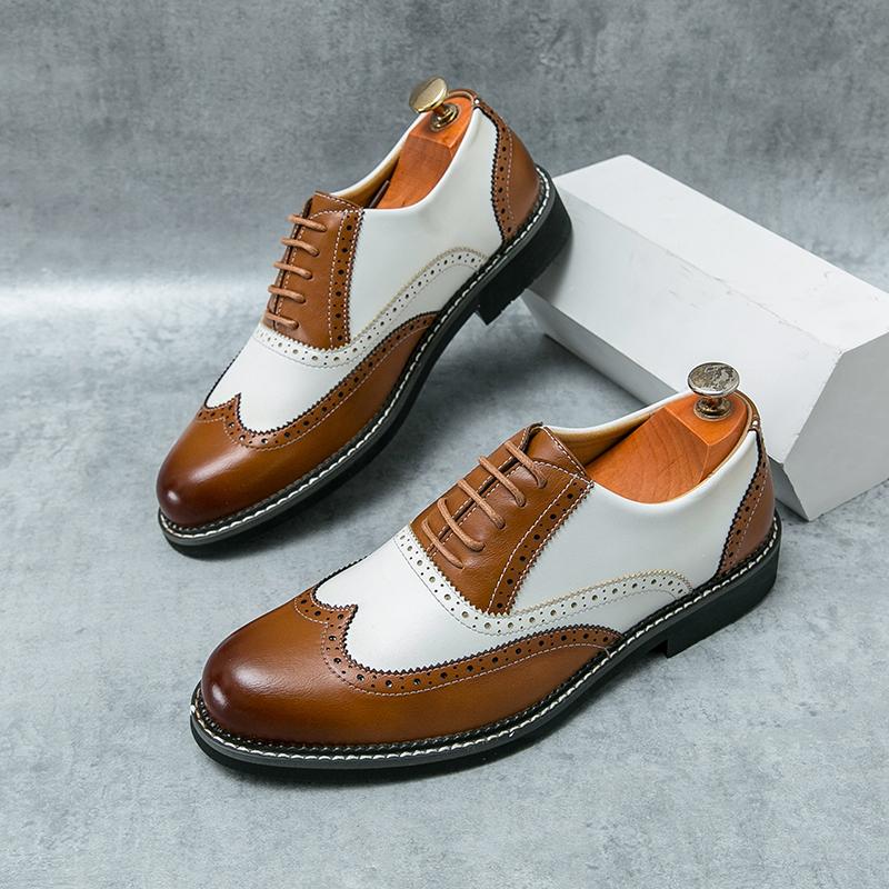 Brogue Shoes Men PU Spliced Lace Up Low Heel Business Banquet Shoes Professional Classic Men Shoes Large Sizes 38-46