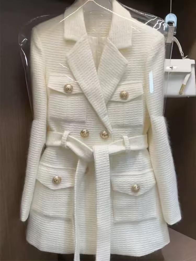 

Осень-зима корейская мода пиджак женский новый пальто тонкий двубортный блейзер вечерние женские длинные элегантные одежды верхняя одежда S белый