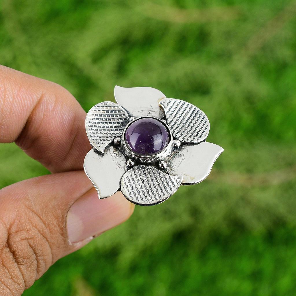 Natural African Amethyst Promise Flower Adjustable Ring 925 Silver For Women