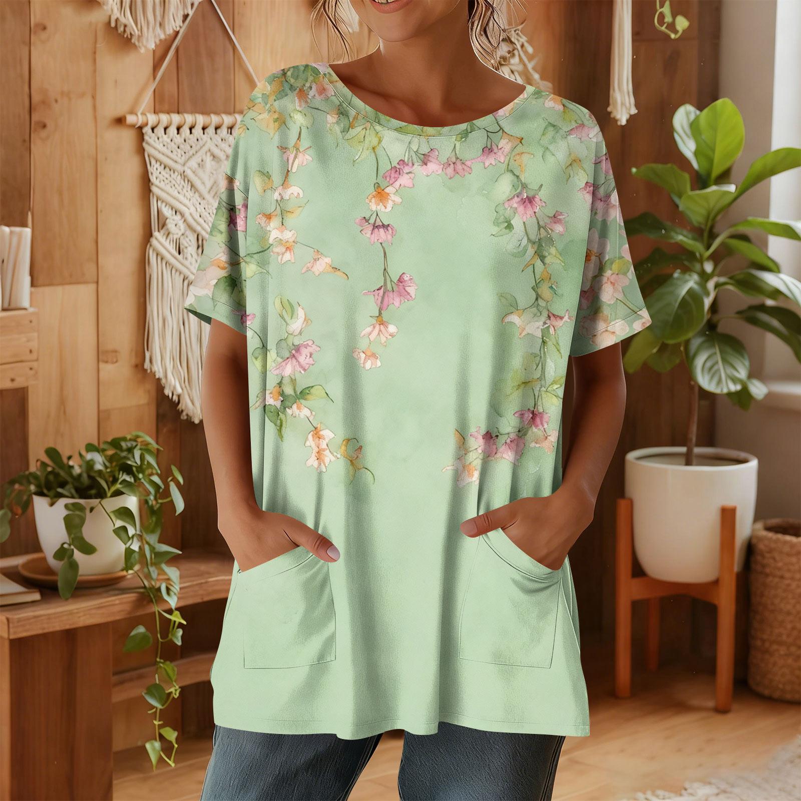 Женская мода повседневный короткий рукав цветочный принт топ S