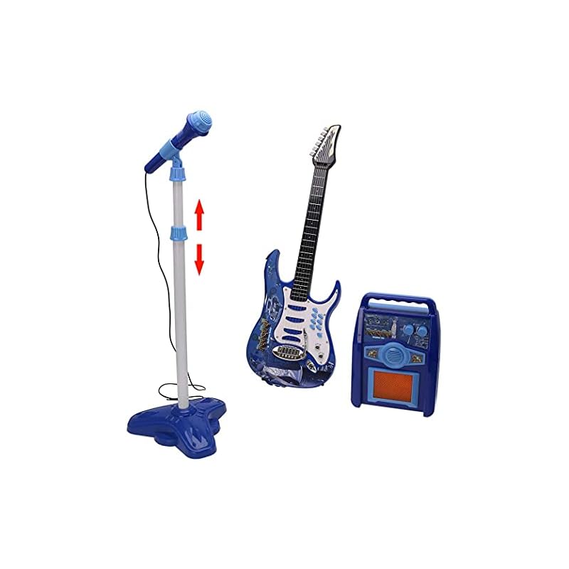 3-in-1 Kids Electric Guitar Microphone Amplifier Set, Karaoke Machine with Stand, Rock Star Singing Machine Music Toy for Children (Color: Blue)