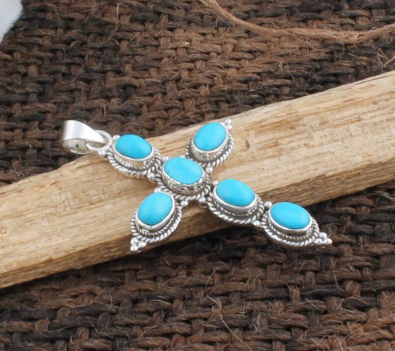 Pendant Cruce din Piatră Prețioasă Turcoaz Argint Sterling 925 Masiv, Bijuterii de Designer Făcute Manual, Bijuterii Boeme