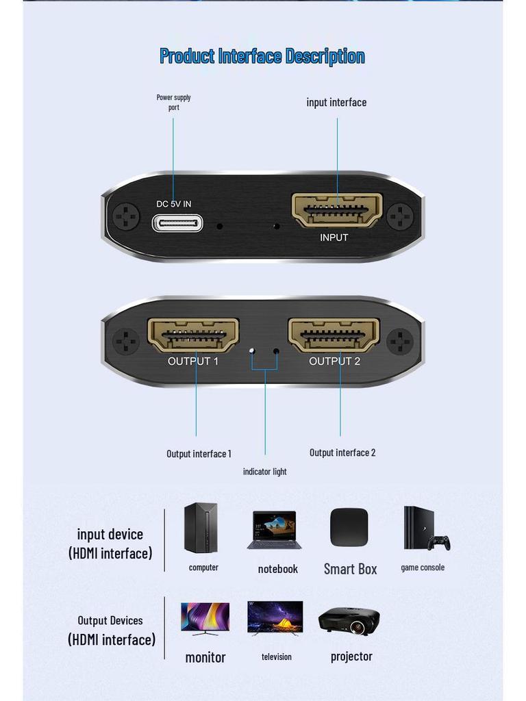 4K HDMI Splitter: Aluminum Alloy, 1 Input To 2 Outputs, Gold-Plated, Dual Display HDTV