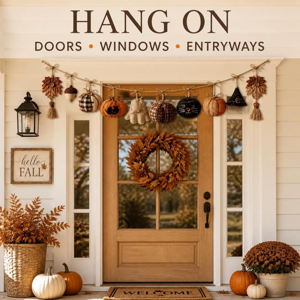 Fall Halloween Thanksgiving Plush Fabric Hanging Decorations with Pumpkin, Maple Leaf and Cat Ornaments for Mantel and Wall