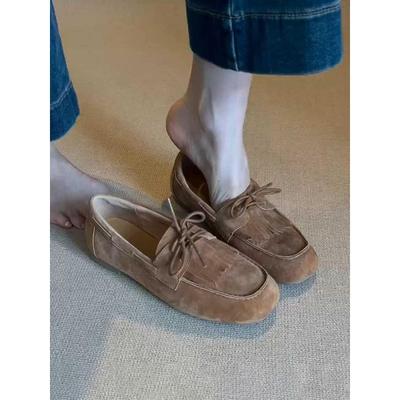 Version peau de mouton~ mocassins rétro en daim à une pédale pour femmes à bout rond à lacets à fond plat paresseux à franges chaussures beanie
