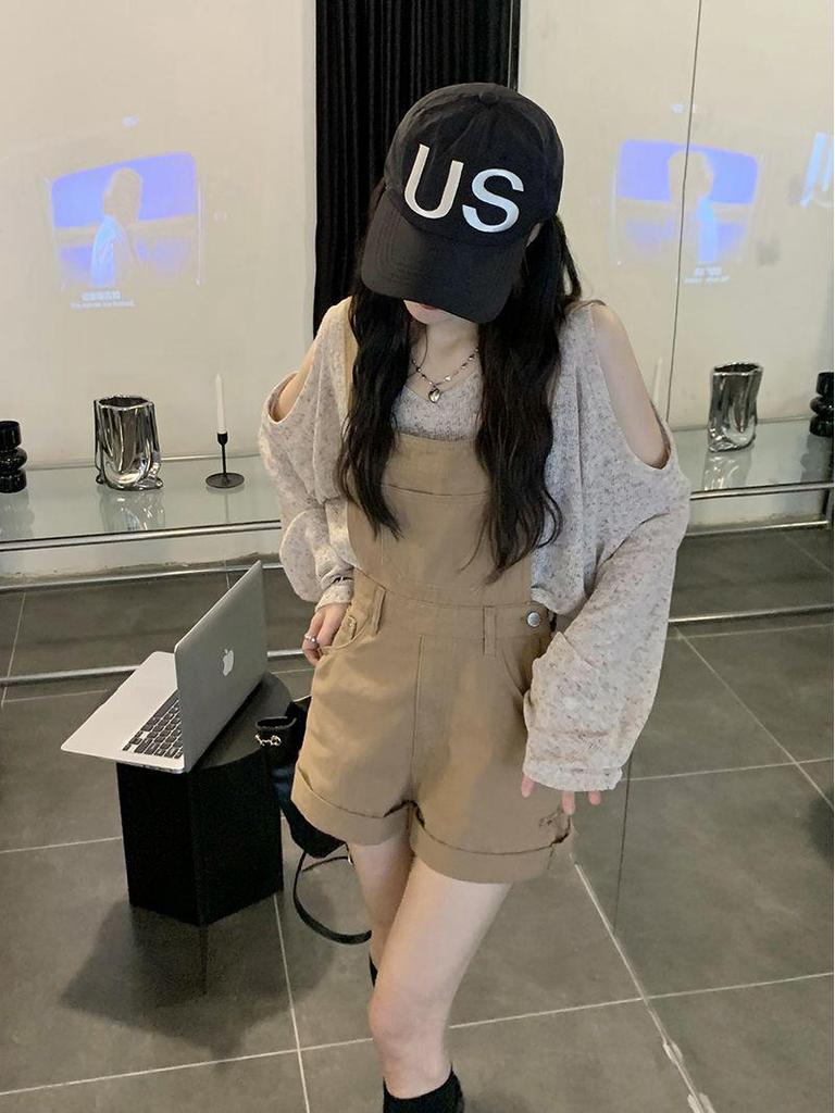 Off-Shoulder Sun Protection Shirt & Versatile Denim Overall Shorts for Women