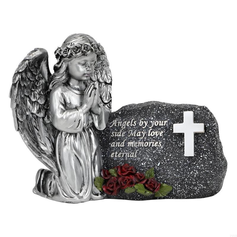 Solar Powered Resin Praying Angel Memorial Statue With Glowing Crosses Grave Light for Outdoor Garden Cemetery Decors P9YB