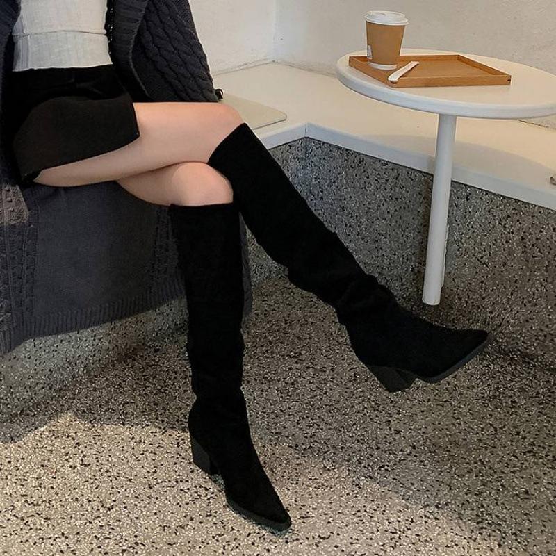 Autumn and winter women's leather boots solid color leather large size women's boots middle heel square heel new rubber soft-soled cowhide knee boots