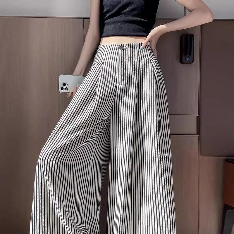 

Spicy Girl 2025 Summer Ice Silk Striped Wide-Leg Pants - Plus Size, Casual, Hip-Hugging, Lazy Style 5XL