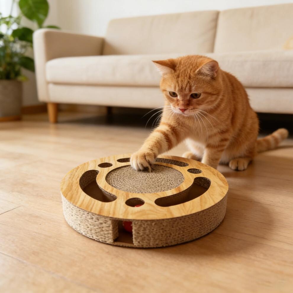 Scratching Pad Ball Track Cat Toy for Indoor Cats – Round Busy Box Scratcher with Bell Ball, Corrugated Cardboard & Rolling Tracks