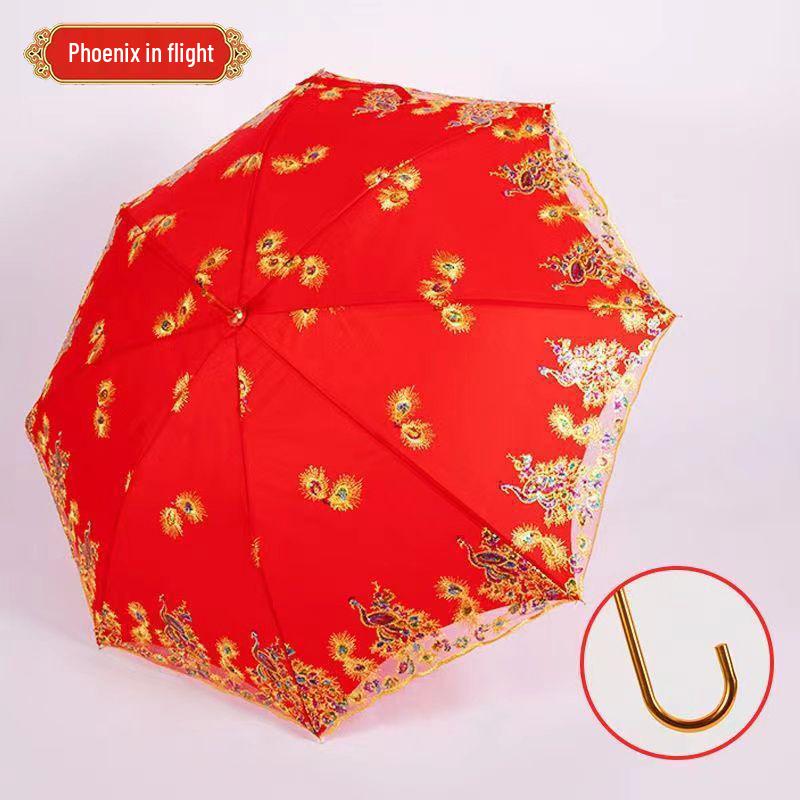Eleganter roter Brautschirm mit gestickter Spitzkante und langem Griff für Hochzeiten