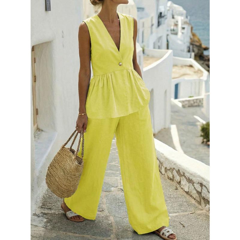 

Sleeveless Top and Straight-leg Pants Set - Summer Vacation Outfit - Flared Pants Set with Pleated Hems XL жовтий