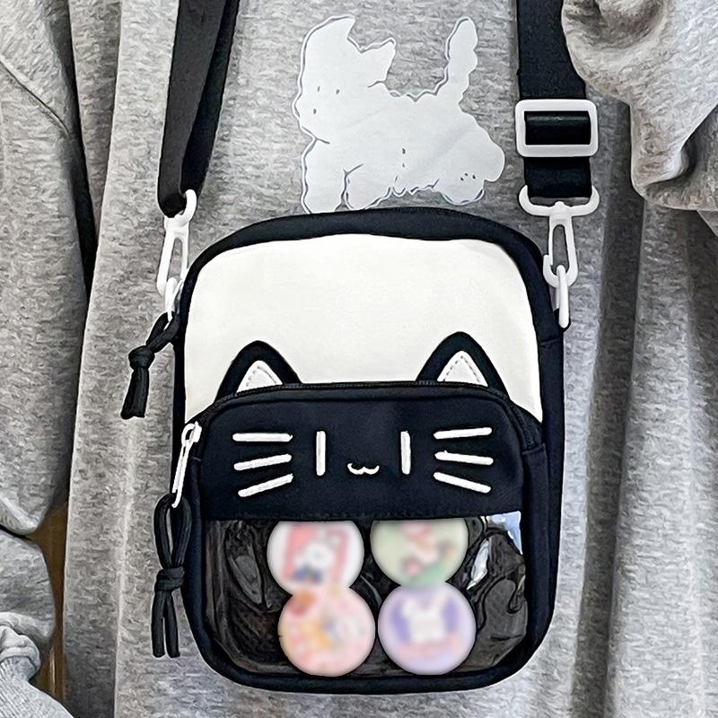 Roztomilá vyšívaná crossbody kabelka pro kočky ve stylu Harajuku Trendy průhledná taška Badge Taška na telefon
