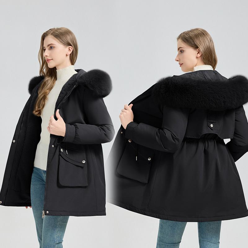 

Winter new women s cotton-padded clothes medium and long hooded removable fur collar versatile fashion coat M