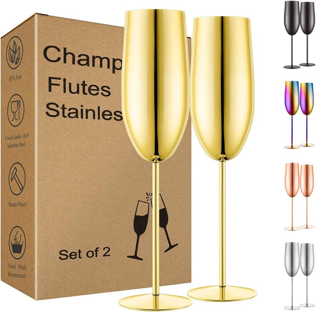 Stainless Steel Champagne Flutes Set of 2, Gold Unbreakable 8.5 oz for Wedding, Party, Christmas, Anniversary, Birthday Gifts