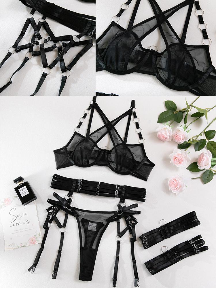Sexy Lace Garter Lingerie Set Hot Women Bondage Underware Open Bra Anal Slave Role Play Bodysuit Erotic Sets Onlyfans Outfit