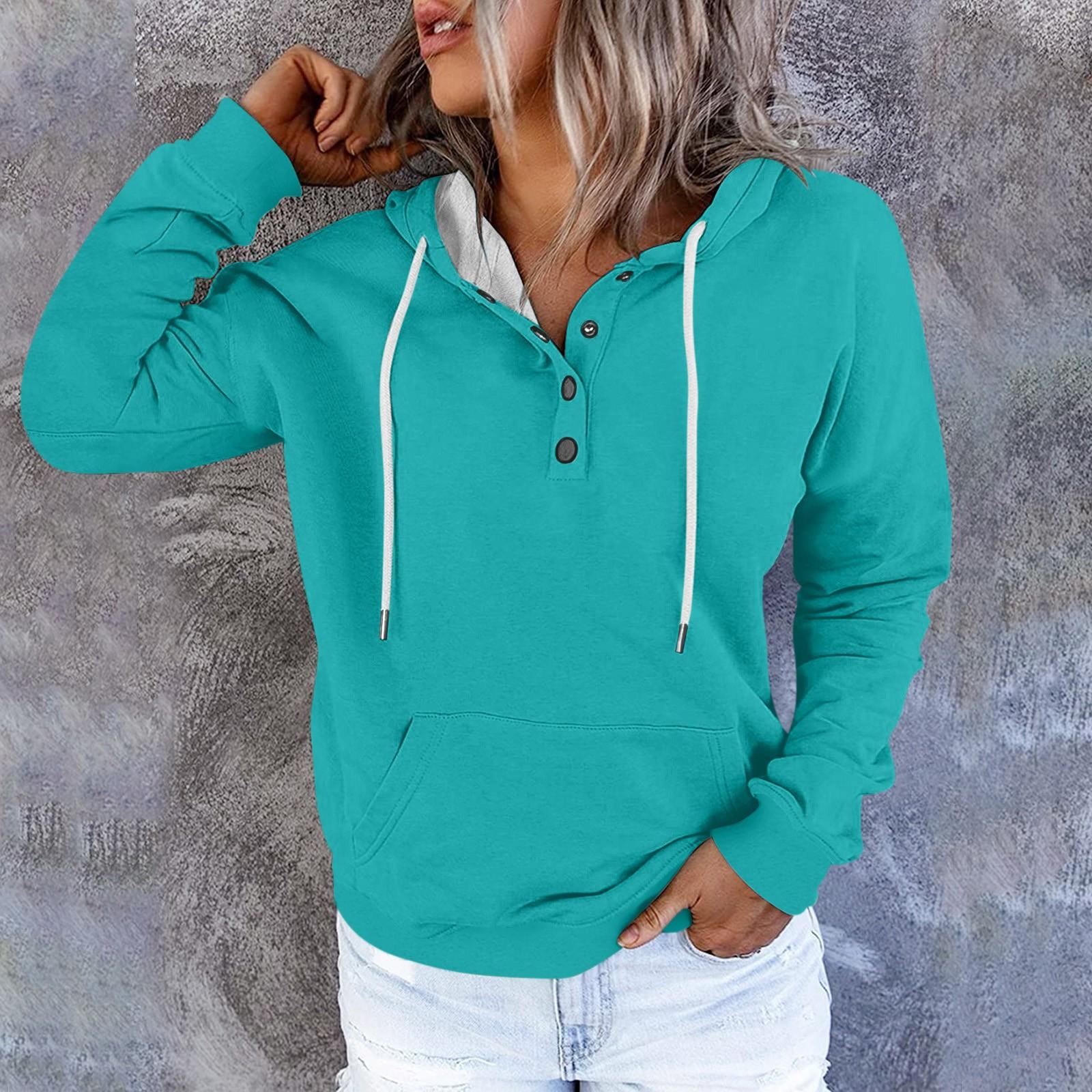 Женские толстовки с капюшоном однотонные повседневные на пуговицах с длинным рукавом и карманами XXXL бирюзовый 1930₽