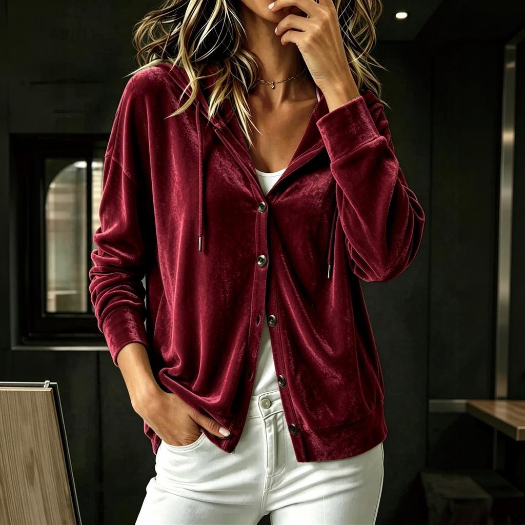 Women's Button Down Hooded Cardigan Long Sleeve Loose Fit Color Casual Top