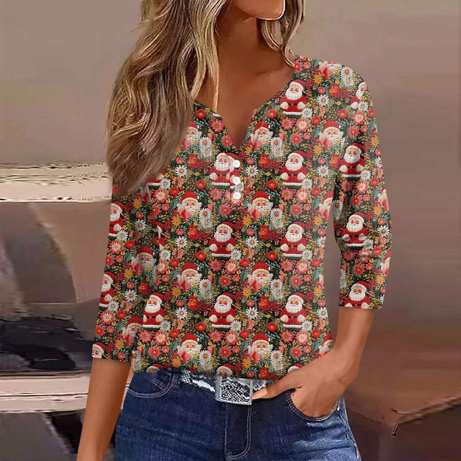 

Женская футболка с рождественским принтом, пуговицами, рукавом 3/4, вязаный свитер, повседневный, модный, с V-образным вырезом, обычный топ XXXL красный