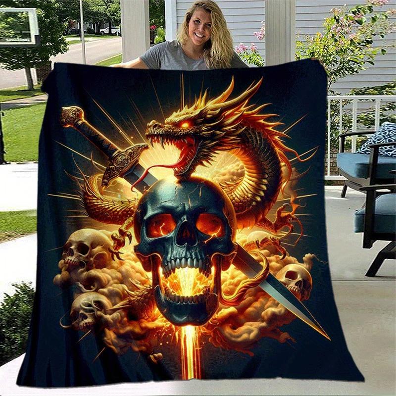 1pc Dragon and Skull Printing Lightweight Flannel Blanket, Comfortable and Warm Blanket, for Camping Sofa Bed and Couch Office, Gift