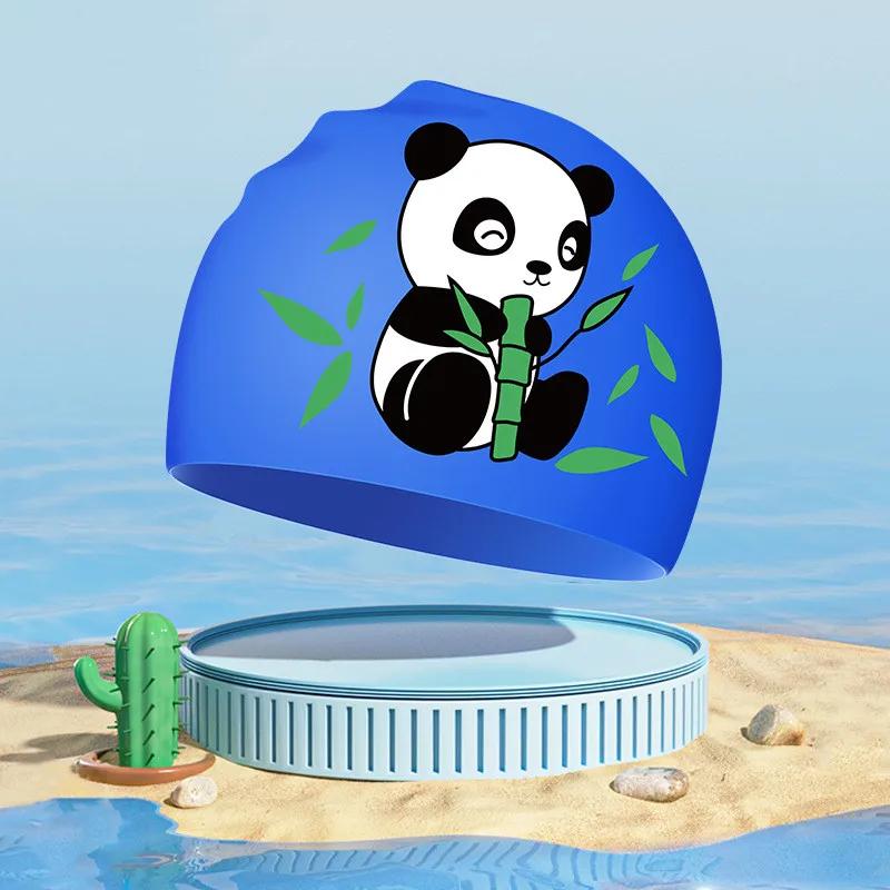 Nové chlapecké dívčí plavecké čepice Roztomilá kreslená panda Silikonová plavecká čepice Vysoce elastická Vodotěsná Dětské doplňky k bazénu Plavecká čepice