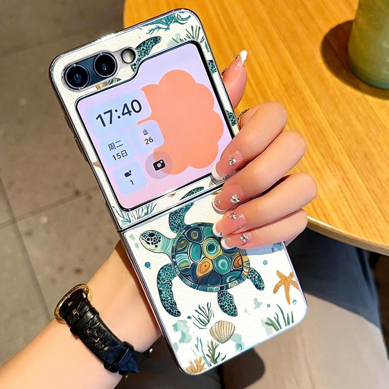 Sea Turtle Pattern PU Leather Phone Case For Samsung Galaxy Z Flip7 FE Flip6 Flip 7 6 5 5G Silver Plating Frame Hard Back Cover