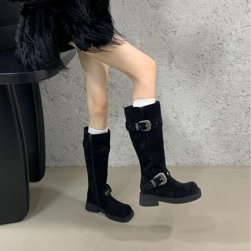 2025 autumn and winter new thick heel retro western boots belt buckle british high locomotive high boots