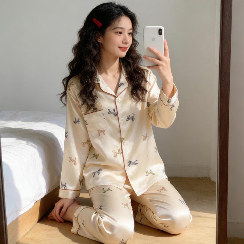 Ice Silk Pajamas Women'S Spring And Summer Thin Long-Sleeved Trousers Lapel Lazy Style Loungewear