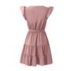 Women's Color Round Neck Pullover Short Sleeve Ruffle Tie Waist Dress