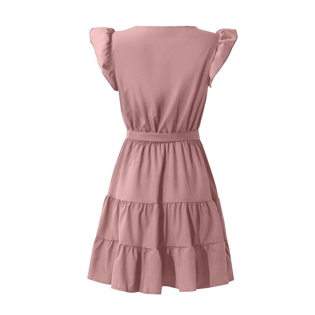 Women's Color Round Neck Pullover Short Sleeve Ruffle Tie Waist Dress