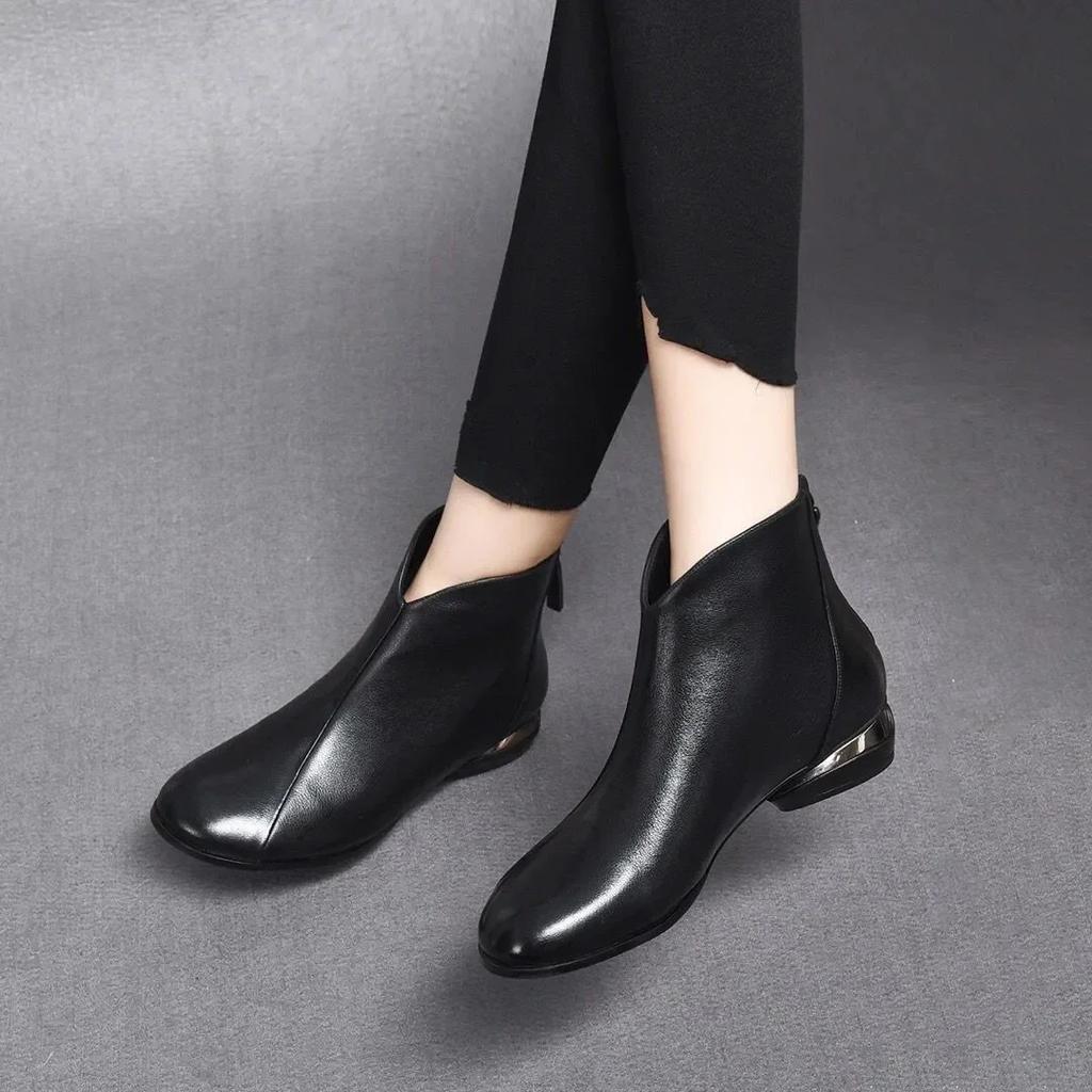 fashion Retro Brown Ankle Boots Elegant Women's Daily Leisure Autumn Winter Warm Booties Mom Back Zip Leather Fur Botas