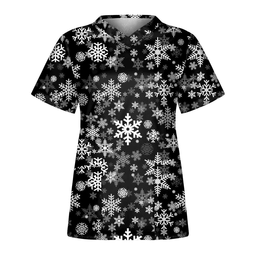 Women's Christmas  Dress Printed Short Sleeve V-Neck Top  Workwear Casual Pocket Top