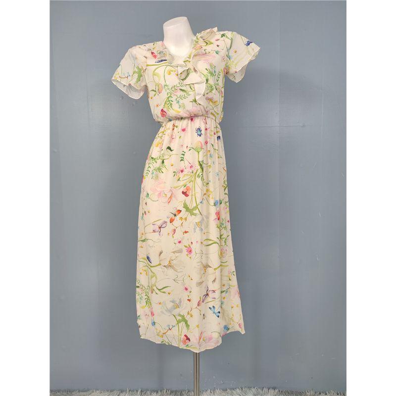 

Foreign Trade Order H Home 2025 Summer New Exquisite Print Frill Tea Khaki Salt Leisure Vacation Dress Pink Flower X L