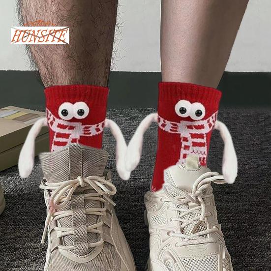 1 Paar Weihnachtssocken zum Halten, magnetische Paarsocken mit Schneeflocken-Print, lustige große Augen, süße Socken in Mittelrohrform