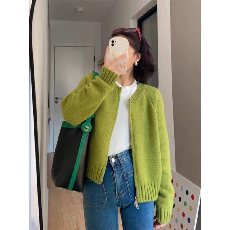 Women Pink Cropped Knit Cardigan Crew Neck Long Sleeve Loose Fit Casual Soft Autumn Winter New Sweater Coat