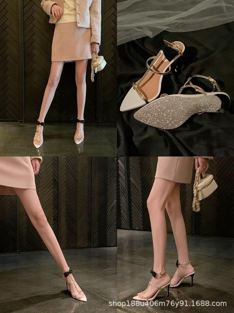 [New] French Sweet Bow Sandals Women's Sexy Pointed Open-toed T-word with Temperament Stiletto High Heels