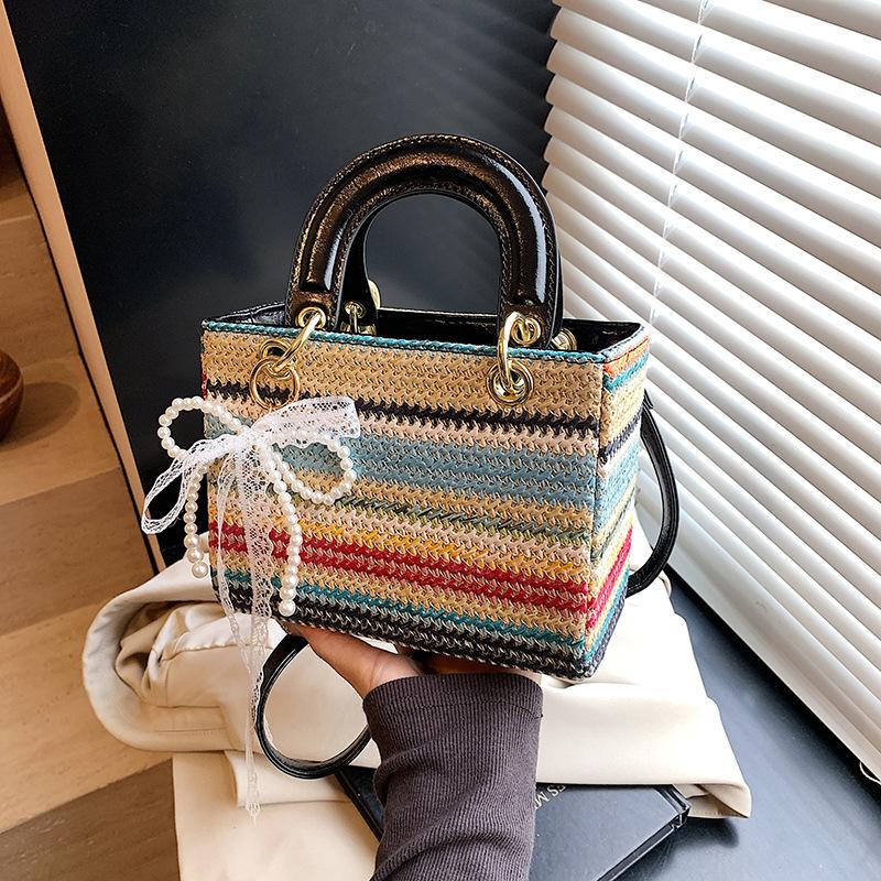 Rainbow Small Bag Portable Princess Diana Bag Women's New Summer Niche Contrasting Color Woven Messenger Bag