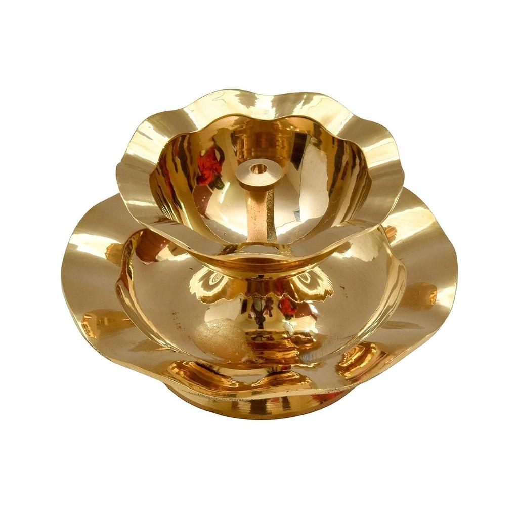 Bhimonee Decor Pure Brass Nanda Akhand Jyoth Table Diya | Traditional Plate Design Deepak for Pooja