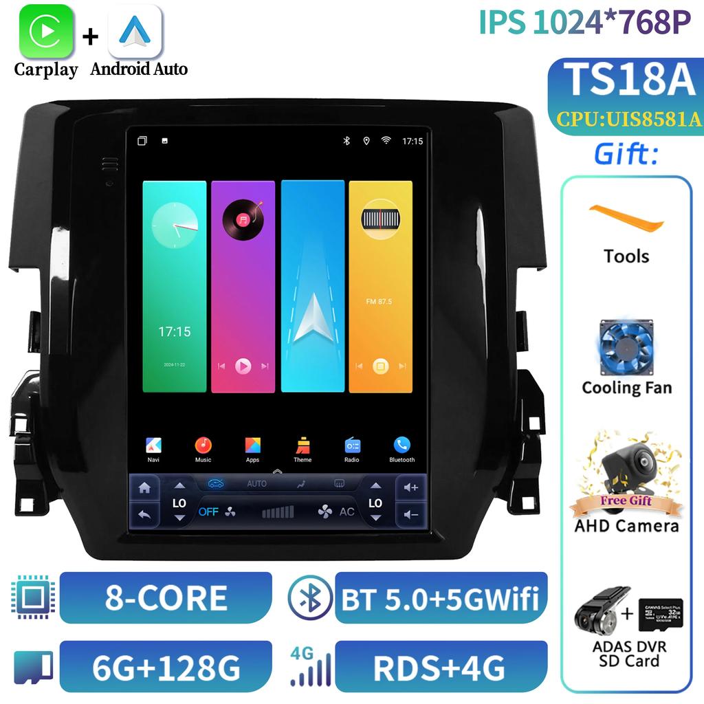 9.7inch For European Left Rudder Honda Civic 2016-2018 Car Radio Android Multimedia Navigation CarPlay 4G GPS Screen Stereo GPS