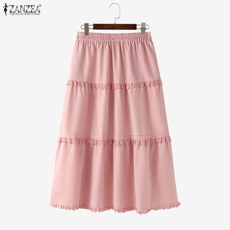 ZANZEA Femei ocazional talie elastică de culoare solidă fuste lungi largi