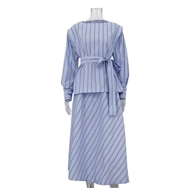 

Fashion Striped Crew Neck Long Sleeves Tied Top Skirt Suit Striped Top and Skirt Set Blue L