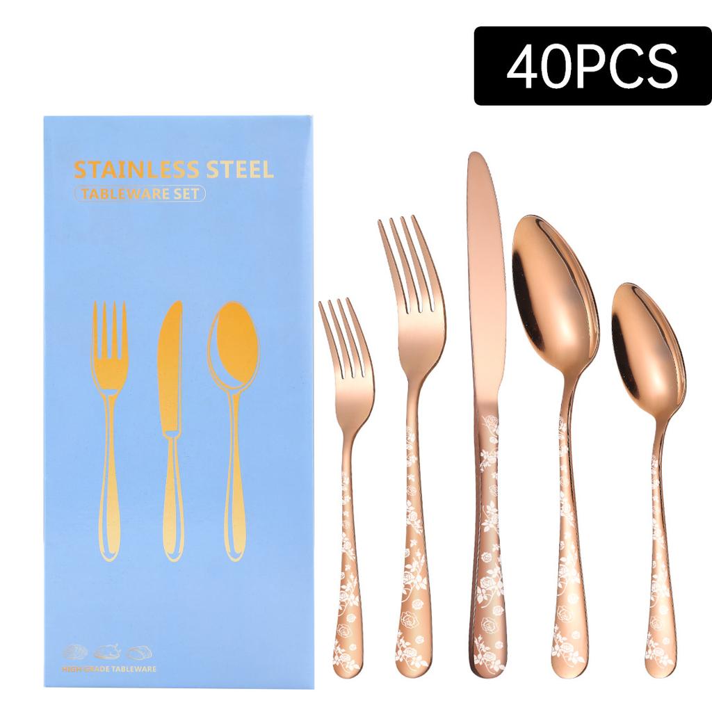 New Pattern Stainless Steel Tableware 40 Pieces Suit PVD Plated Printed Black Carved Handle Laser
