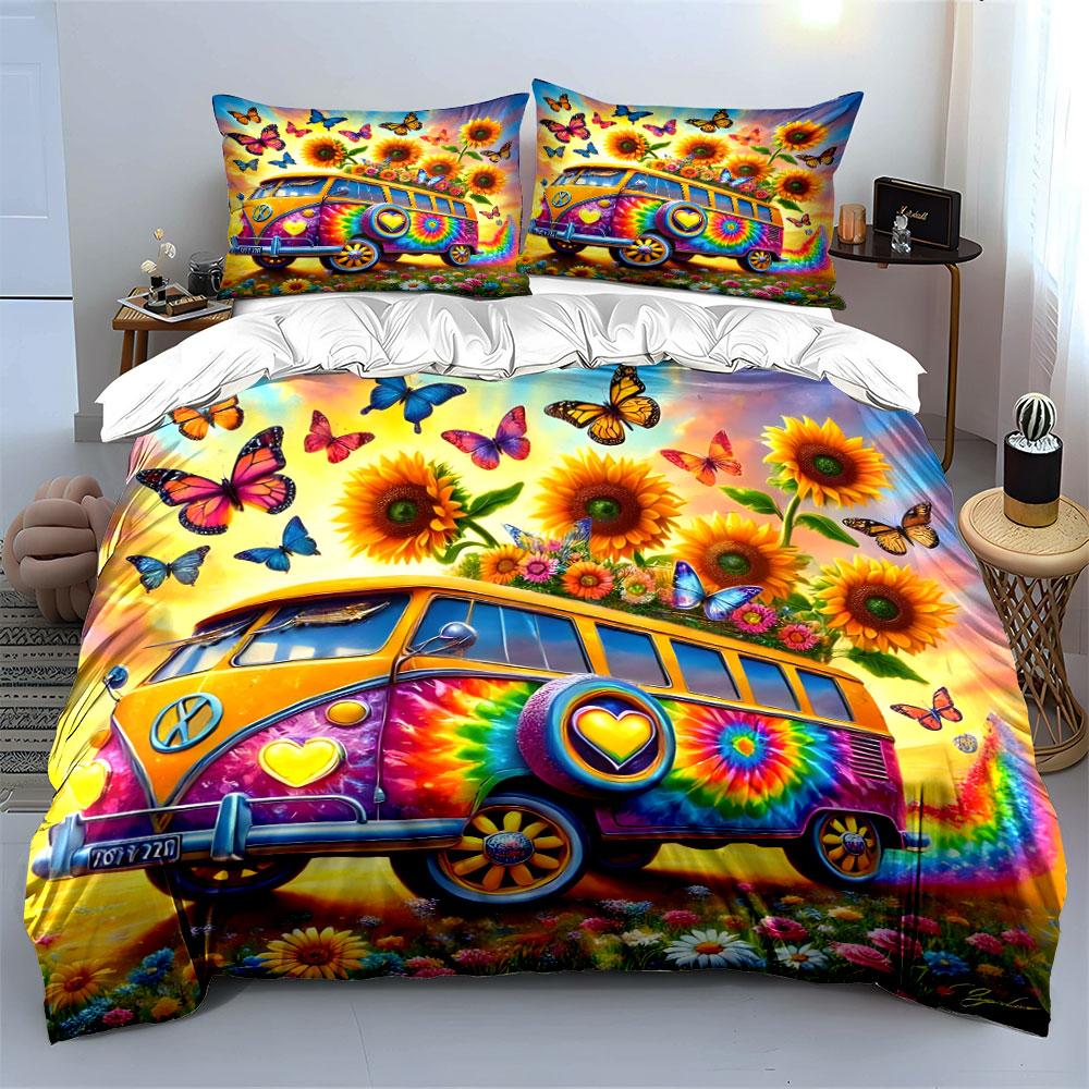 Juego de Ropa de Cama con Arte de Furgoneta Hippie Colorida con 1 Funda de Edredón 2 Fundas de Almohada Individual Doble King Queen, Regalo