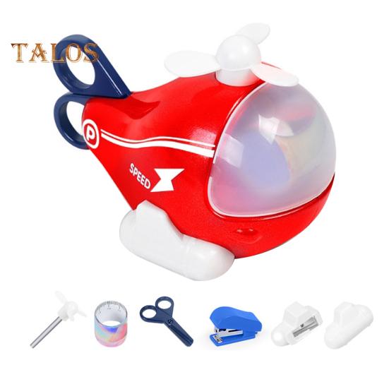 

Мультяшная игрушка-вертолет с карандашной линейкой, ножницами, точилкой, ластиком, степлером, 6-в-1, детские канцелярские принадлежности, украшение самолета, студенты, школьные принадлежности для мальчиков красный