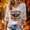 Women's Stylish V-Neck Halloween Print Three-Quarter Sleeve Casual Top for Party