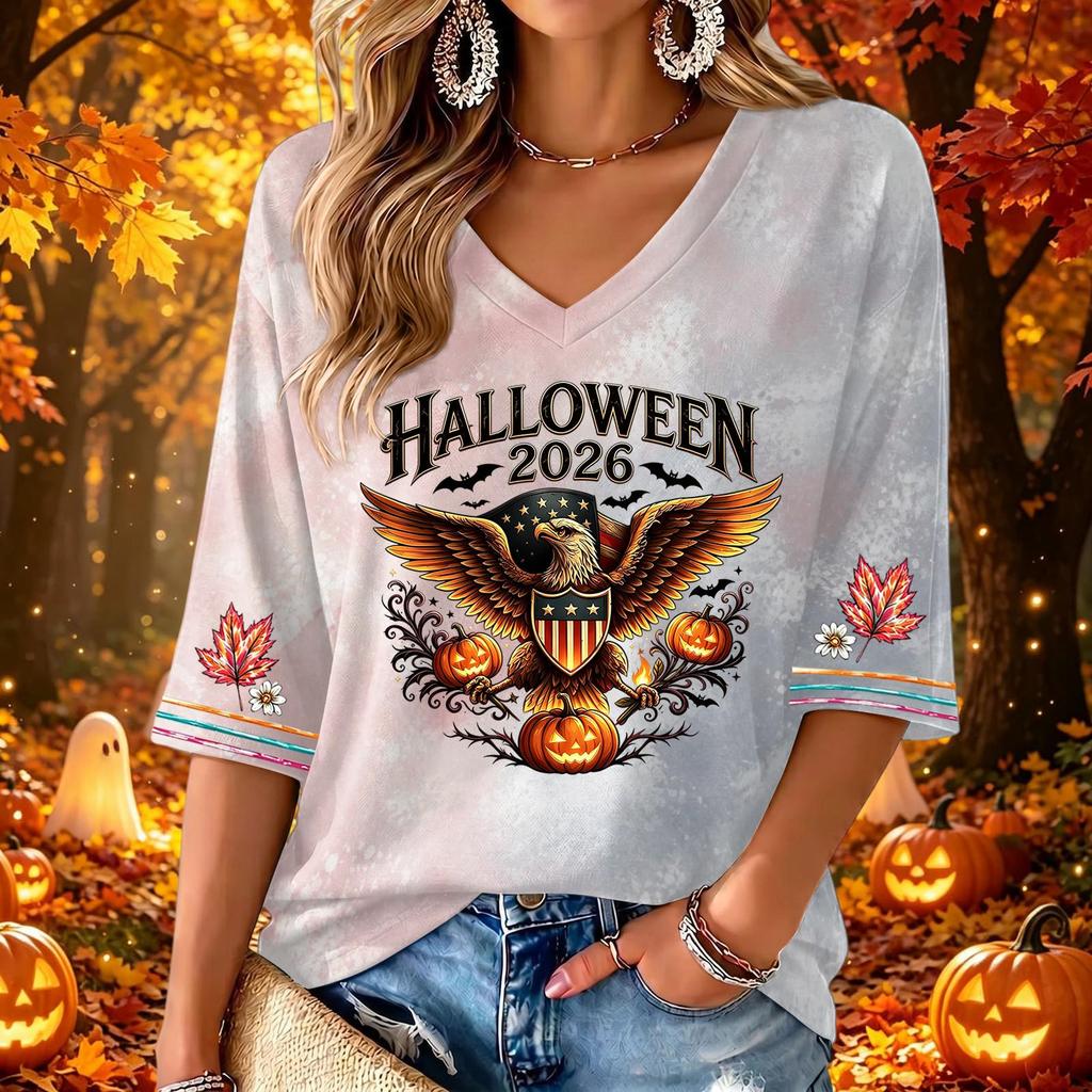 Women's Stylish V-Neck Halloween Print Three-Quarter Sleeve Casual Top for Party