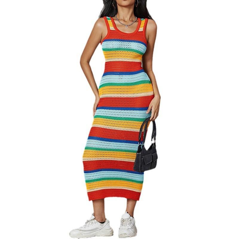 Women's Spring New Knitted Skirt Color Contrast Fashion Sleeveless Repair Slimming High Waist Long Dress
