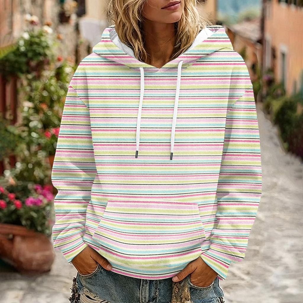 Women's Striped Print Casual Long Sleeve Hoodie with Pocket and
